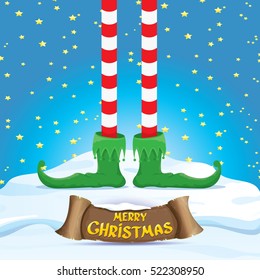 vector creative merry christmas greeting card with cartoon elf's legs on snowy north pole with christmas lights and greeting christmas calligraphic text on old vintage paper banner ribbon.  