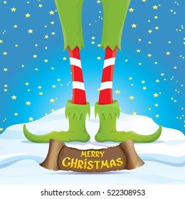 vector creative merry christmas greeting card with cartoon elf's legs on snowy north pole with christmas lights and greeting christmas calligraphic text on old vintage paper banner ribbon.  