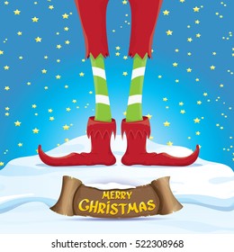 vector creative merry christmas greeting card with cartoon elf's legs on snowy north pole with christmas lights and greeting christmas calligraphic text on old vintage paper banner ribbon.  