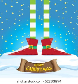 vector creative merry christmas greeting card with cartoon elf's legs on snowy north pole with christmas lights and greeting christmas calligraphic text on old vintage paper banner ribbon.  