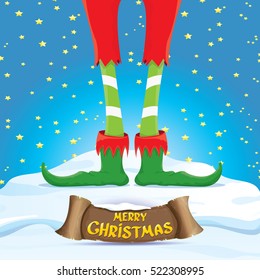 vector creative merry christmas greeting card with cartoon elf's legs on snowy north pole with christmas lights and greeting christmas calligraphic text on old vintage paper banner ribbon.  
