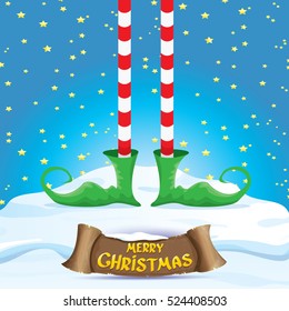 vector creative merry christmas greeting card with cartoon elf's legs on snowy north pole with christmas lights and greeting christmas calligraphic text on old vintage paper banner ribbon.