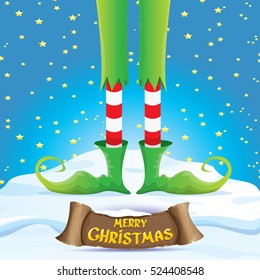 vector creative merry christmas greeting card with cartoon elf's legs on snowy north pole with christmas lights and greeting christmas calligraphic text on old vintage paper banner ribbon.