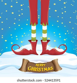 vector creative merry christmas greeting card with cartoon elf's legs on snowy north pole with christmas lights and greeting christmas calligraphic text on old vintage paper banner ribbon.