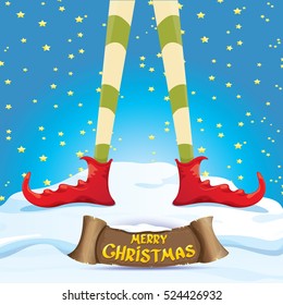 vector creative merry christmas greeting card with cartoon elf's legs on snowy north pole with christmas lights and greeting christmas calligraphic text on old vintage paper banner ribbon.