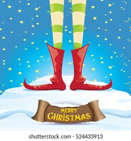 vector creative merry christmas greeting card with cartoon elf's legs on snowy north pole with christmas lights and greeting christmas calligraphic text on old vintage paper banner ribbon.