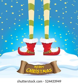 vector creative merry christmas greeting card with cartoon elf's legs on snowy north pole with christmas lights and greeting christmas calligraphic text on old vintage paper banner ribbon.