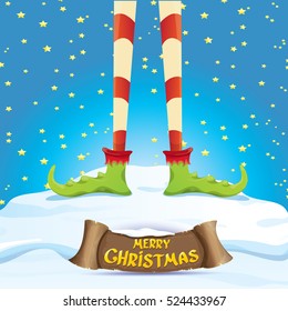 vector creative merry christmas greeting card with cartoon elf's legs on snowy north pole with christmas lights and greeting christmas calligraphic text on old vintage paper banner ribbon.