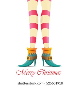 vector creative merry christmas greeting card with cartoon elf girls legs and greeting calligraphic text Merry christmas isolated on white. Vector merry christmas background with elf girl