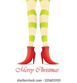 vector creative merry christmas greeting card with cartoon elf girls legs and greeting calligraphic text Merry christmas isolated on white. Vector merry christmas background with elf girl