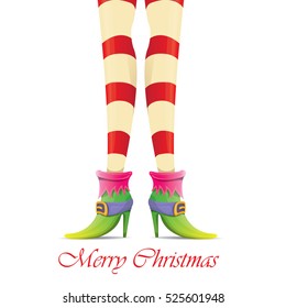 vector creative merry christmas greeting card with cartoon elf girls legs and greeting calligraphic text Merry christmas isolated on white. Vector merry christmas background with elf girl