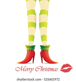 vector creative merry christmas greeting card with cartoon elf girls legs and greeting calligraphic text Merry christmas isolated on white. Vector merry christmas background with elf girl