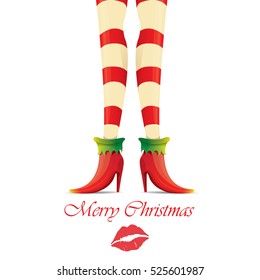 vector creative merry christmas greeting card with cartoon elf girls legs and greeting calligraphic text Merry christmas isolated on white. Vector merry christmas background with elf girl