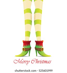 vector creative merry christmas greeting card with cartoon elf girls legs and greeting calligraphic text Merry christmas isolated on white. Vector merry christmas background with elf girl
