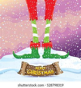 vector creative merry christmas greeting card with cartoon elf's legs on snowy north pole with christmas lights and greeting christmas calligraphic text on old vintage paper banner ribbon.