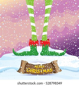 vector creative merry christmas greeting card with cartoon elf's legs on snowy north pole with christmas lights and greeting christmas calligraphic text on old vintage paper banner ribbon.