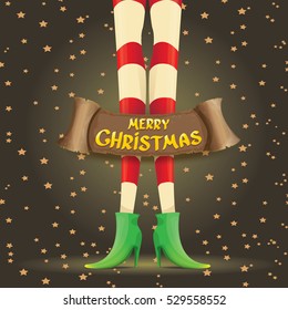 vector creative merry christmas greeting card with cartoon elf girls legs, christmas lights stars and golden greeting christmas calligraphic text on old vintage paper banner ribbon.