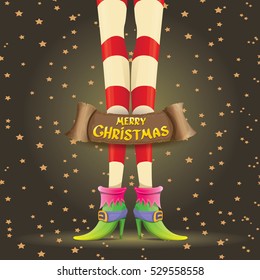 vector creative merry christmas greeting card with cartoon elf girls legs, christmas lights stars and golden greeting christmas calligraphic text on old vintage paper banner ribbon.