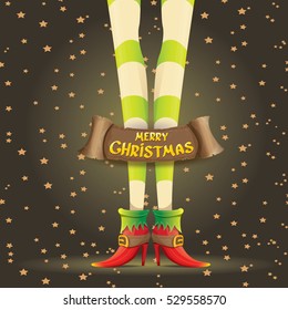vector creative merry christmas greeting card with cartoon elf girls legs, christmas lights stars and golden greeting christmas calligraphic text on old vintage paper banner ribbon.