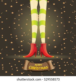 vector creative merry christmas greeting card with cartoon elf girls legs, christmas lights stars and golden greeting christmas calligraphic text on old vintage paper banner ribbon.