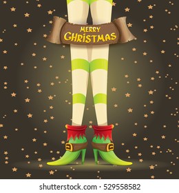 vector creative merry christmas greeting card with cartoon elf girls legs, christmas lights stars and golden greeting christmas calligraphic text on old vintage paper banner ribbon.