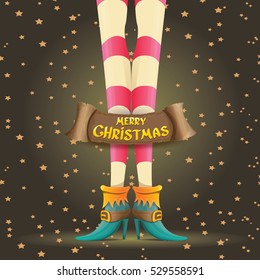 vector creative merry christmas greeting card with cartoon elf girls legs, christmas lights stars and golden greeting christmas calligraphic text on old vintage paper banner ribbon.