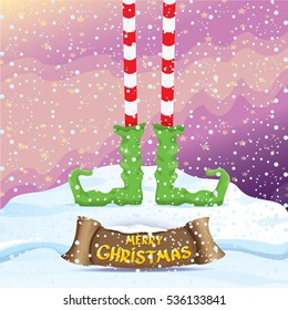 vector creative merry christmas greeting card with cartoon elf's legs on snowy north pole with christmas lights and greeting calligraphic text on old vintage paper banner ribbon.