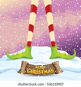 vector creative merry christmas greeting card with cartoon elf's legs on snowy north pole with christmas lights and greeting calligraphic text on old vintage paper banner ribbon.