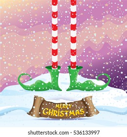 vector creative merry christmas greeting card with cartoon elf's legs on snowy north pole with christmas lights and greeting calligraphic text on old vintage paper banner ribbon.