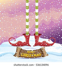vector creative merry christmas greeting card with cartoon elf's legs on snowy north pole with christmas lights and greeting calligraphic text on old vintage paper banner ribbon.