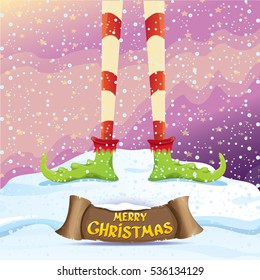 vector creative merry christmas greeting card with cartoon elf's legs on snowy north pole with christmas lights and greeting calligraphic text on old vintage paper banner ribbon.