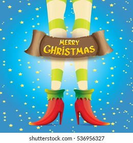 vector creative merry christmas greeting card with cartoon elf girls legs, christmas lights stars and golden greeting calligraphic text on old vintage paper banner ribbon.