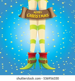 vector creative merry christmas greeting card with cartoon elf girls legs, christmas lights stars and golden greeting calligraphic text on old vintage paper banner ribbon.