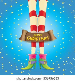 vector creative merry christmas greeting card with cartoon elf girls legs, christmas lights stars and golden greeting calligraphic text on old vintage paper banner ribbon.