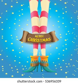 vector creative merry christmas greeting card with cartoon elf girls legs, christmas lights stars and golden greeting calligraphic text on old vintage paper banner ribbon.