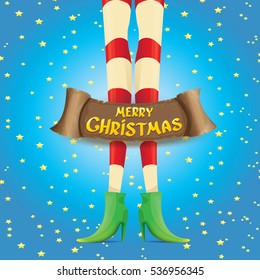 vector creative merry christmas greeting card with cartoon elf girls legs, christmas lights stars and golden greeting calligraphic text on old vintage paper banner ribbon.
