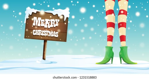 vector creative merry christmas horizontal banner with cartoon elf hot girls legs, falling snow, lights and wooden sign 
 with greeting calligraphic text Merry christmas. Christmas girl