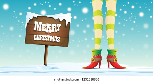 vector creative merry christmas horizontal banner with cartoon elf hot girls legs, falling snow, lights and wooden sign 
 with greeting calligraphic text Merry christmas. Christmas girl