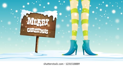 vector creative merry christmas horizontal banner with cartoon elf hot girls legs, falling snow, lights and wooden sign 
 with greeting calligraphic text Merry christmas. Christmas girl