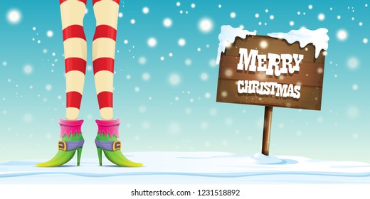 vector creative merry christmas horizontal banner with cartoon elf hot girls legs, falling snow, lights and wooden sign 
 with greeting calligraphic text Merry christmas. Christmas girl