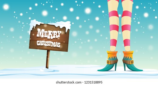 vector creative merry christmas horizontal banner with cartoon elf hot girls legs, falling snow, lights and wooden sign 
 with greeting calligraphic text Merry christmas. Christmas girl