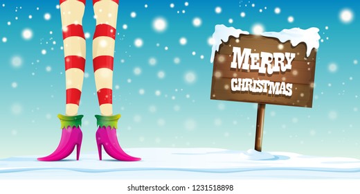 vector creative merry christmas horizontal banner with cartoon elf hot girls legs, falling snow, lights and wooden sign 
 with greeting calligraphic text Merry christmas. Christmas girl