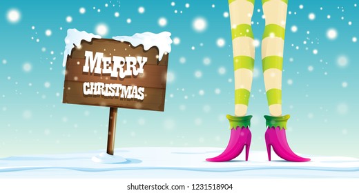 vector creative merry christmas horizontal banner with cartoon elf hot girls legs, falling snow, lights and wooden sign 
 with greeting calligraphic text Merry christmas. Christmas girl