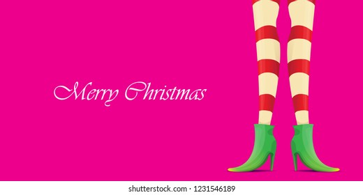 vector creative merry christmas horizontal banner with cartoon elf hot girls legs and greeting calligraphic text Merry christmas isolated on pink background. Christmas girl