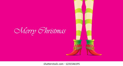 vector creative merry christmas horizontal banner with cartoon elf hot girls legs and greeting calligraphic text Merry christmas isolated on pink background. Christmas girl