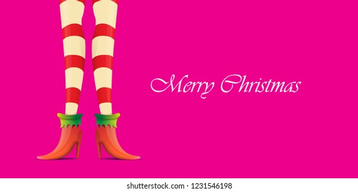 vector creative merry christmas horizontal banner with cartoon elf hot girls legs and greeting calligraphic text Merry christmas isolated on pink background. Christmas girl