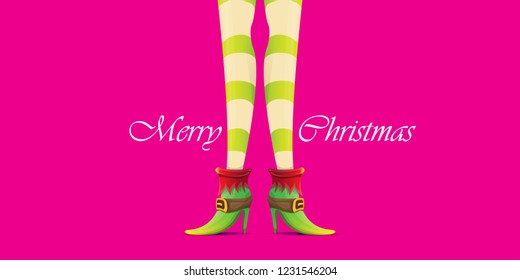 vector creative merry christmas horizontal banner with cartoon elf hot girls legs and greeting calligraphic text Merry christmas isolated on pink background. Christmas girl