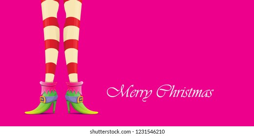 vector creative merry christmas horizontal banner with cartoon elf hot girls legs and greeting calligraphic text Merry christmas isolated on pink background. Christmas girl