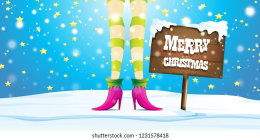 vector creative merry christmas horizontal banner with cartoon elf hot girls legs, falling snow, lights and wooden sign 
 with greeting calligraphic text Merry christmas. Christmas girl