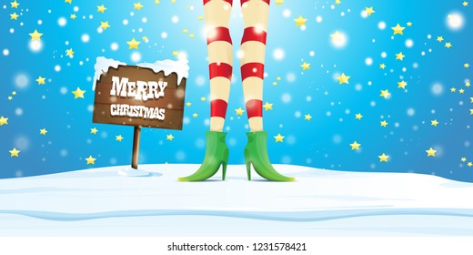 vector creative merry christmas horizontal banner with cartoon elf hot girls legs, falling snow, lights and wooden sign 
 with greeting calligraphic text Merry christmas. Christmas girl
